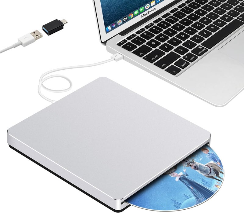 Guamar External CD Drive for Mac: USB 3.0 Superdrive for Apple MacBook - Slim & Portable Slot-in DVD Burner for Laptop PC Windows with USB-C Adapter - Plug & Play Aluminum (Silver) - Image 1
